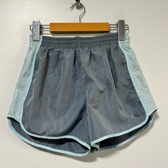Victoria’s Secret PINK XS Athletic Shorts Gray Teal Glitter Mesh Trim - Picture 2 of 11